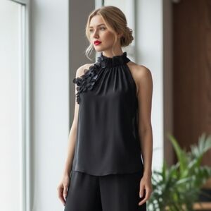 Soulmates High Neck Chiffon Overlay Top with Cascading Pedals